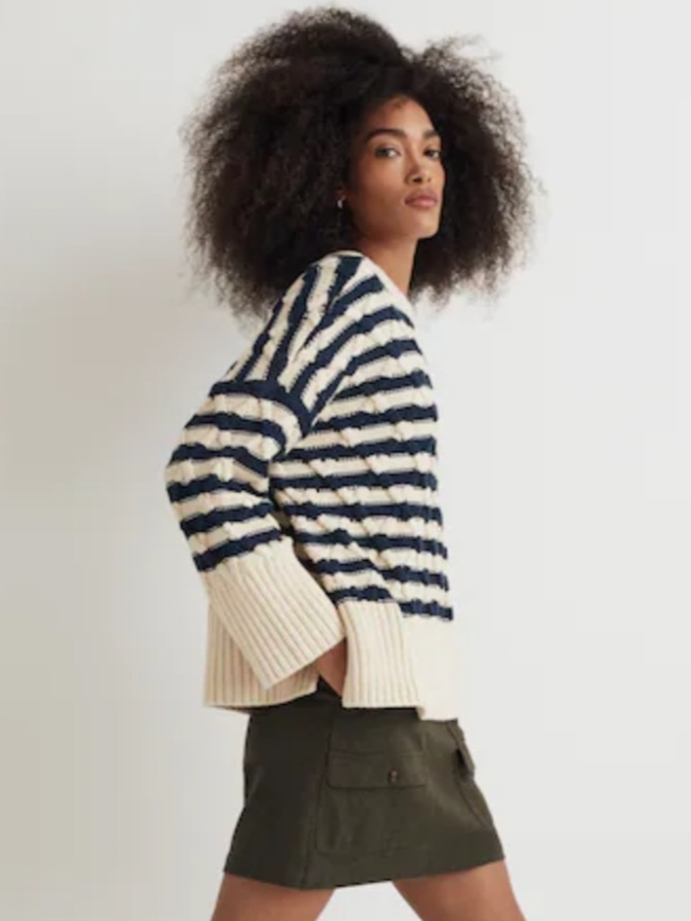 Madewell Sailor Blue Striped Oversized Cable Knit Fisherman Sweater Small Cotton